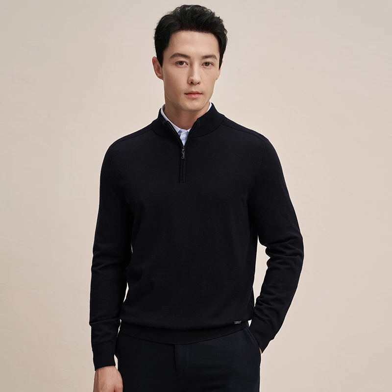 EMZ鄂尔多斯打底衫纯色休闲时尚男士立领舒适保暖长袖针织羊毛衫