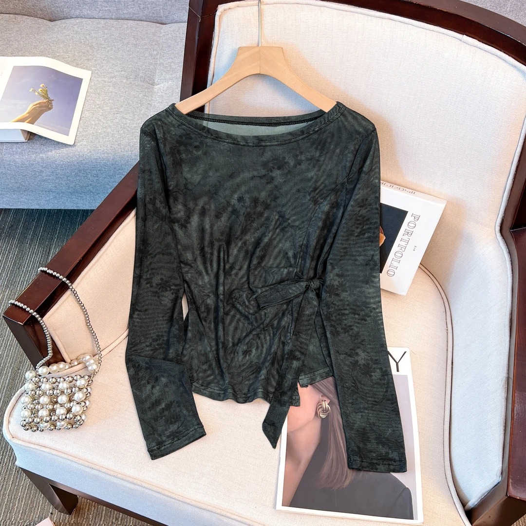 2025新款夏季网纱T恤女百搭罩衫蝴蝶印花气质绑带设计感防晒上衣