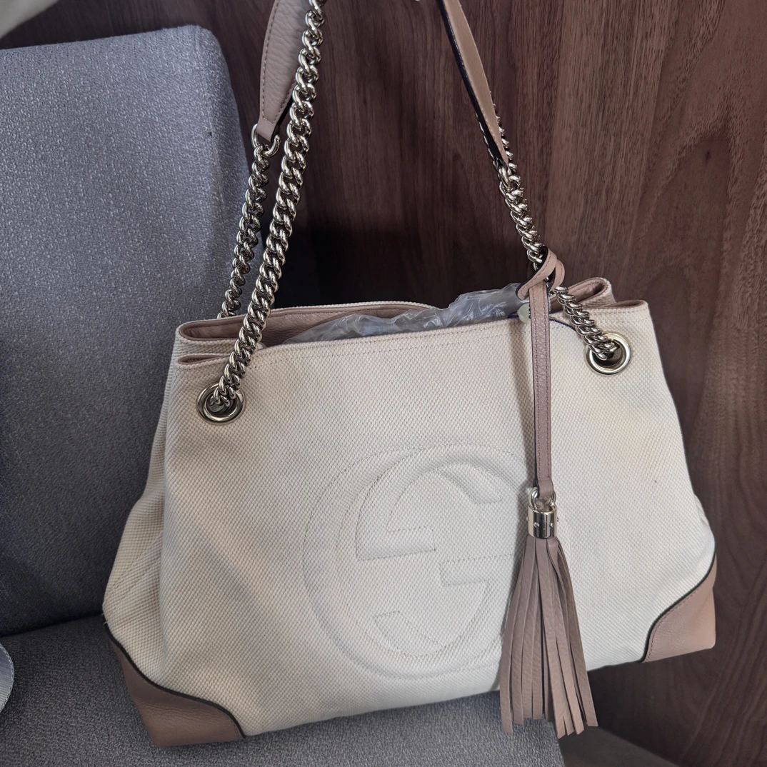 95新 GUCCI/古驰 帆布拼皮soho流苏单肩包12860259