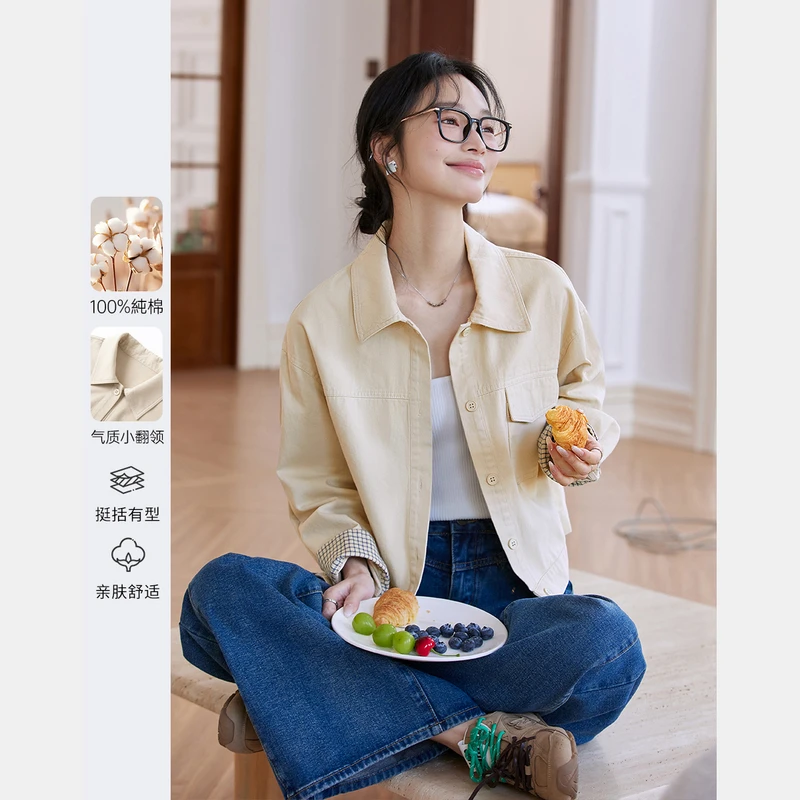 梵希蔓卡其色纯棉翻领外套女2025春季新款宽松落肩设计感气质长袖