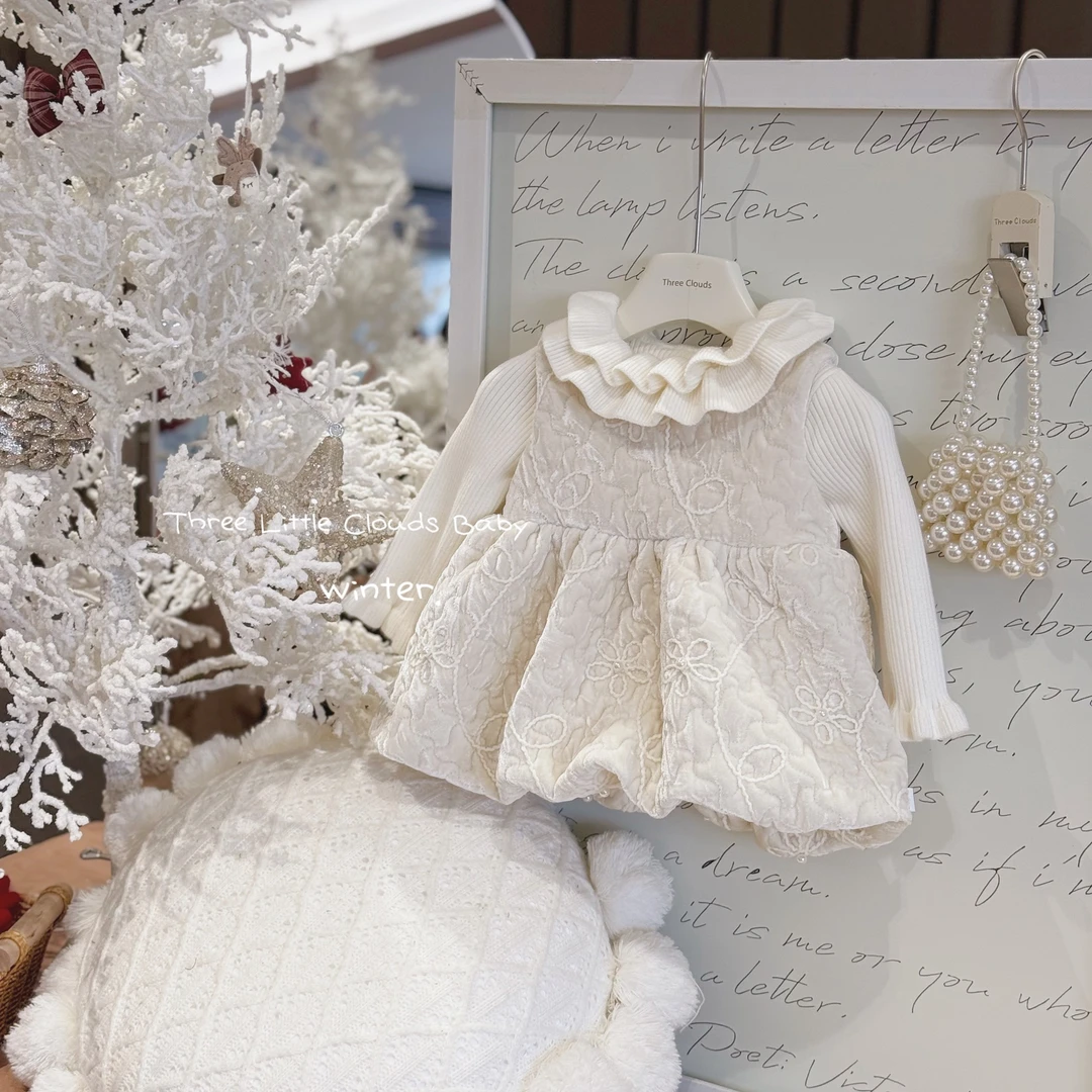 三小朵2861【山茶诗集】婴幼儿宝宝女童高级珍珠裙夹棉精致连衣裙