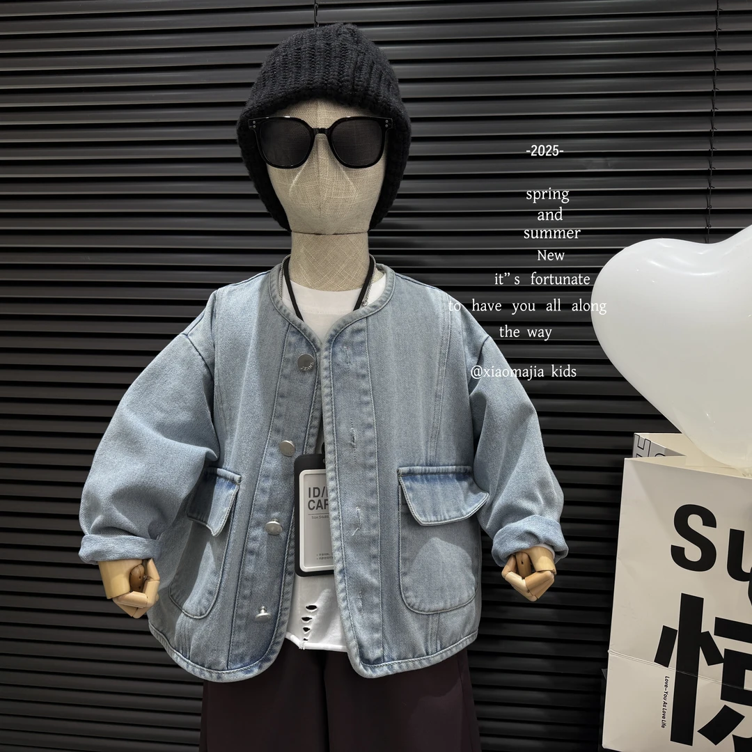 儿童春季新款牛仔外套K-5073宽松洋气圆领新中式男女同款外套男孩