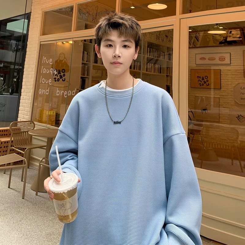 2025秋装新款纯色圆领卫衣休闲男宽松套头打底衫韩版青少年上衣潮