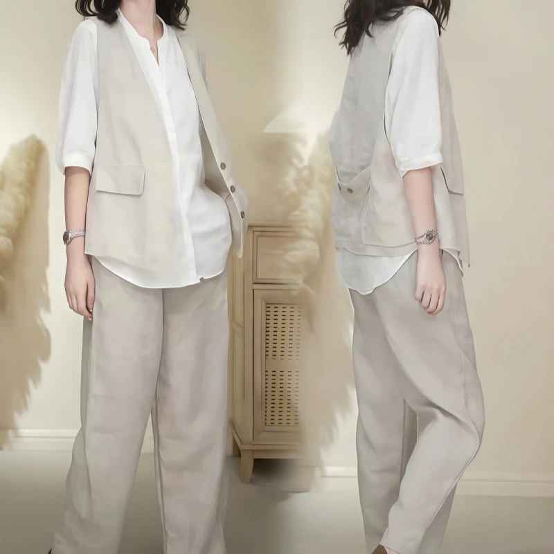 罗芬面料故事企业店女装秋季百搭马甲+中袖衬衫+高腰显瘦九分裤