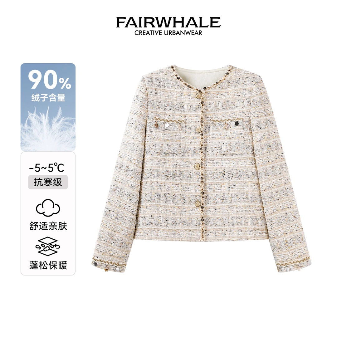 马克华菲女装小香风90鸭绒羽绒服冬季时尚粗花呢细闪金属扣外套女