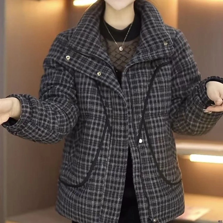复古格纹保暖棉服上衣女时尚新款女装宽松洋气立领短款女士休闲潮