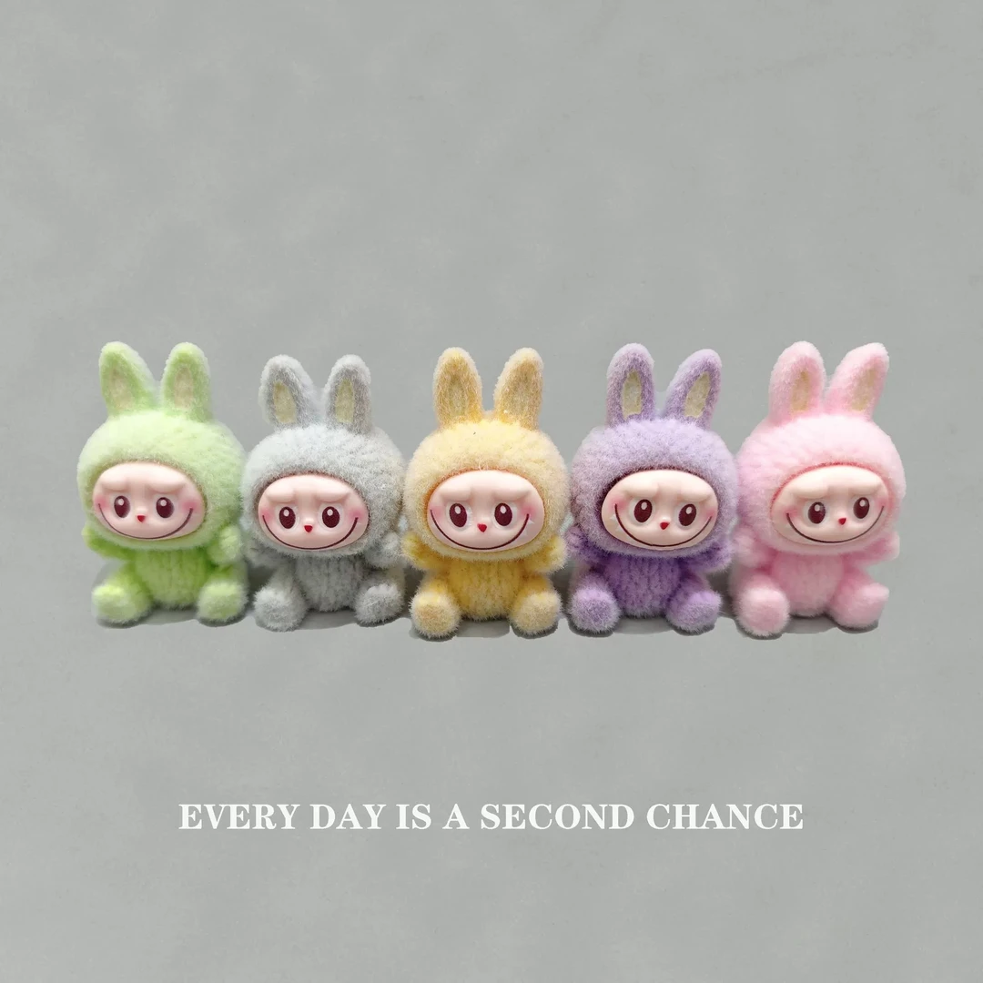 新款坐姿Labubu植绒萌粒搪胶公仔摆件拉布布桌面工位装饰diy摆件