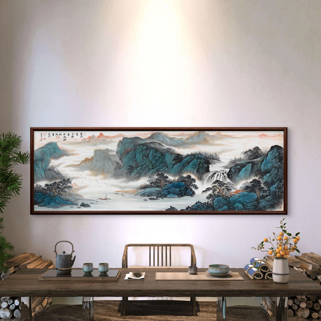 041-62*185春山富水装饰画实木框办公室玄关书房茶室客厅挂画