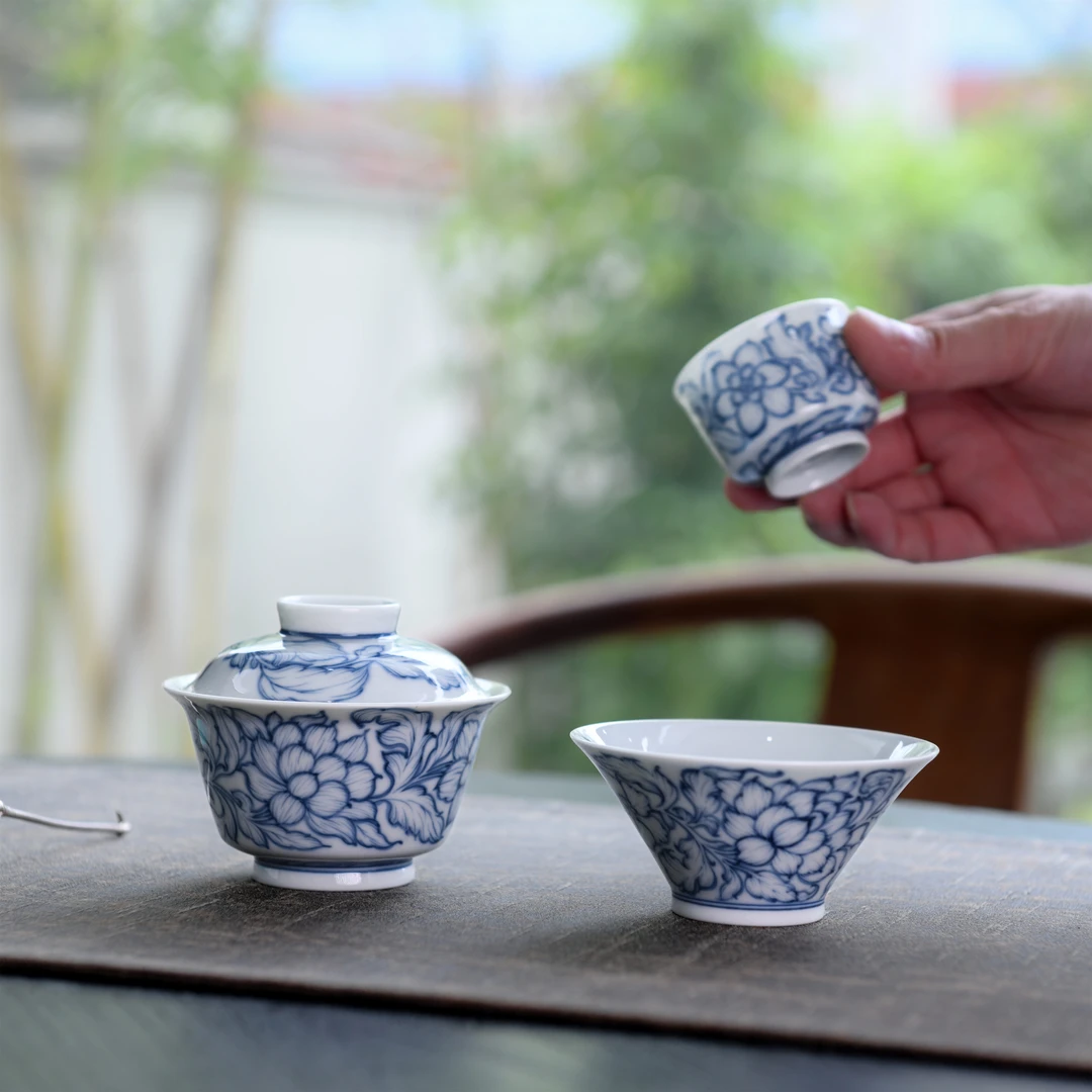 景德镇手工手绘雨后湛蓝冷香白描菊花套组大号茶杯家用茶具陶瓷