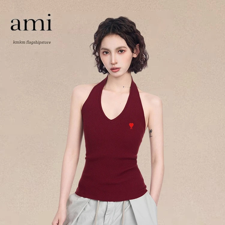 【小璐专属】正品AM I KMKM女士红色挂脖针织吊带背心美式无袖上衣