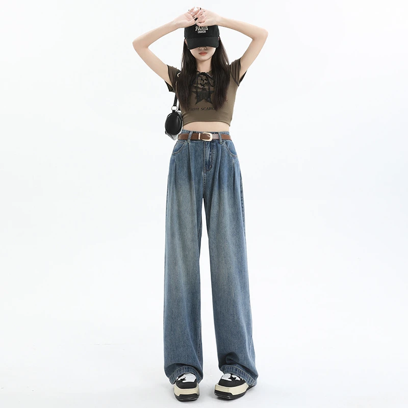 复古蓝阔腿牛仔裤女秋季2025年新款设计感褶皱高腰直筒宽松拖地裤