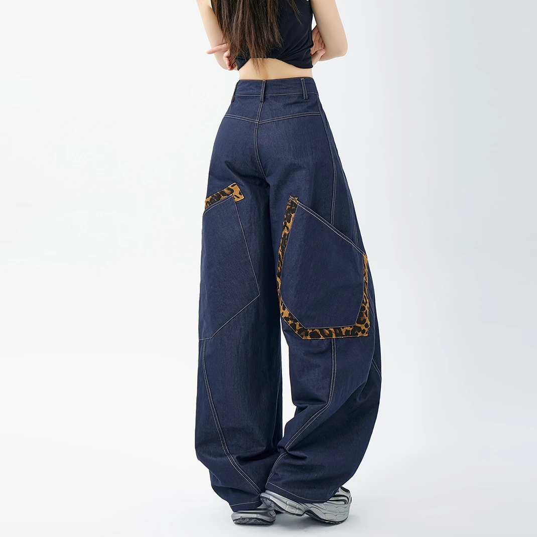 美式复古个性豹纹拼接弯刀牛仔裤女2025年早秋新款宽松显瘦阔腿裤