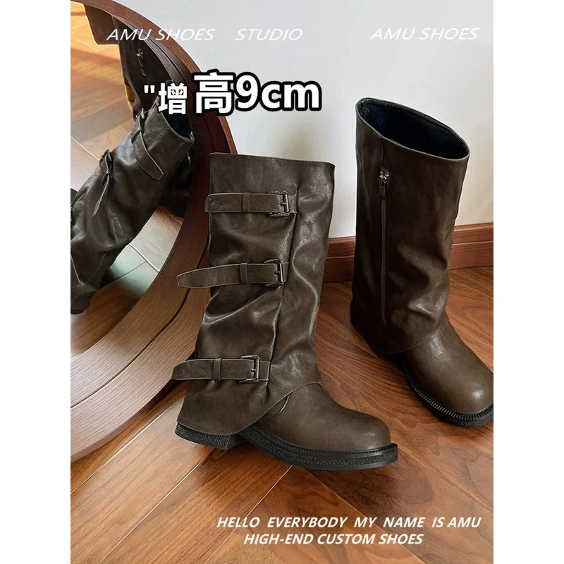 真皮内增高皮带扣黑色中筒裤管靴女堆堆靴长筒靴骑士靴西部牛仔靴