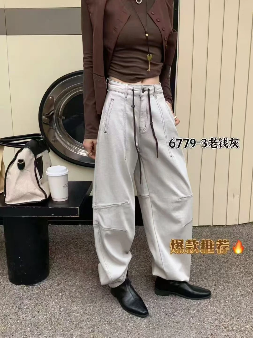 02121 张十柒服饰秋季女装新款系扣中腰明线老浅灰弯刀裤抽带