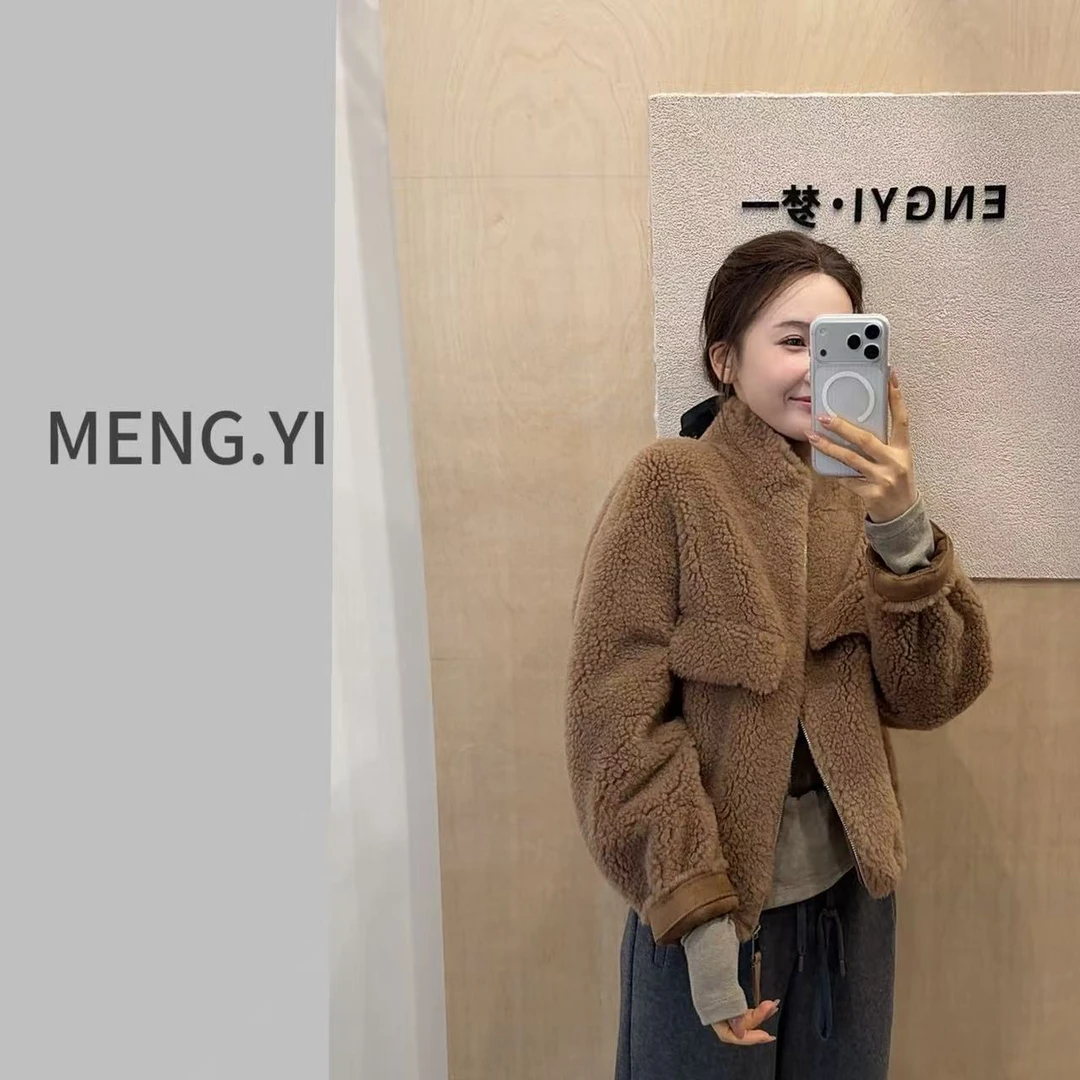 MENG.YI100全羊毛立领可抽绳拉链保暖外套5433