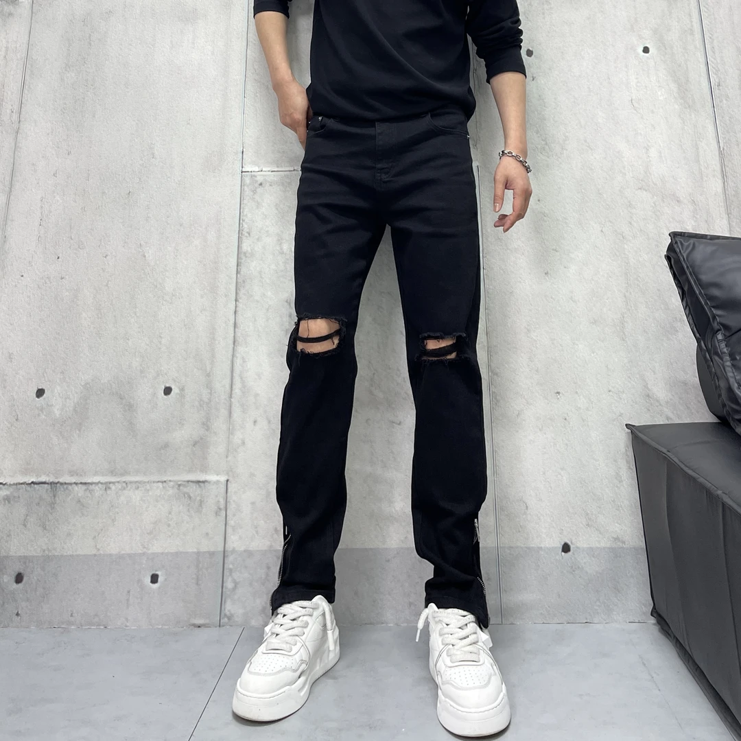 夏季新款黑色流苏破洞美式高街风侧边拉链潮流百搭男士高弹牛仔裤