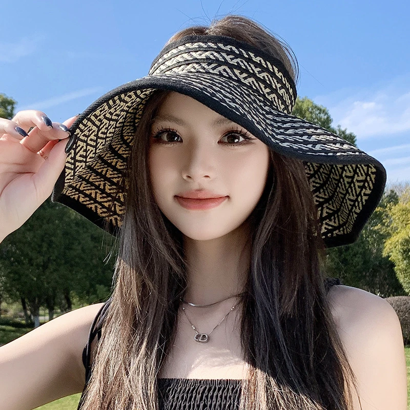 夏季大帽檐防晒帽女防紫外线草帽骑车太阳帽子可折叠空顶遮阳帽子