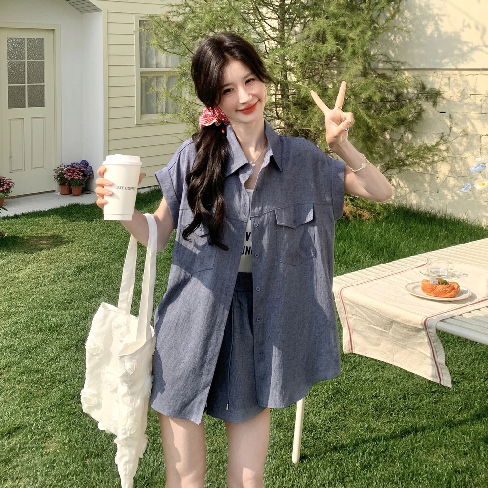 蓝色衬衫套装女高级感2025夏新款韩版休闲阔腿短款慵懒风薄两件套