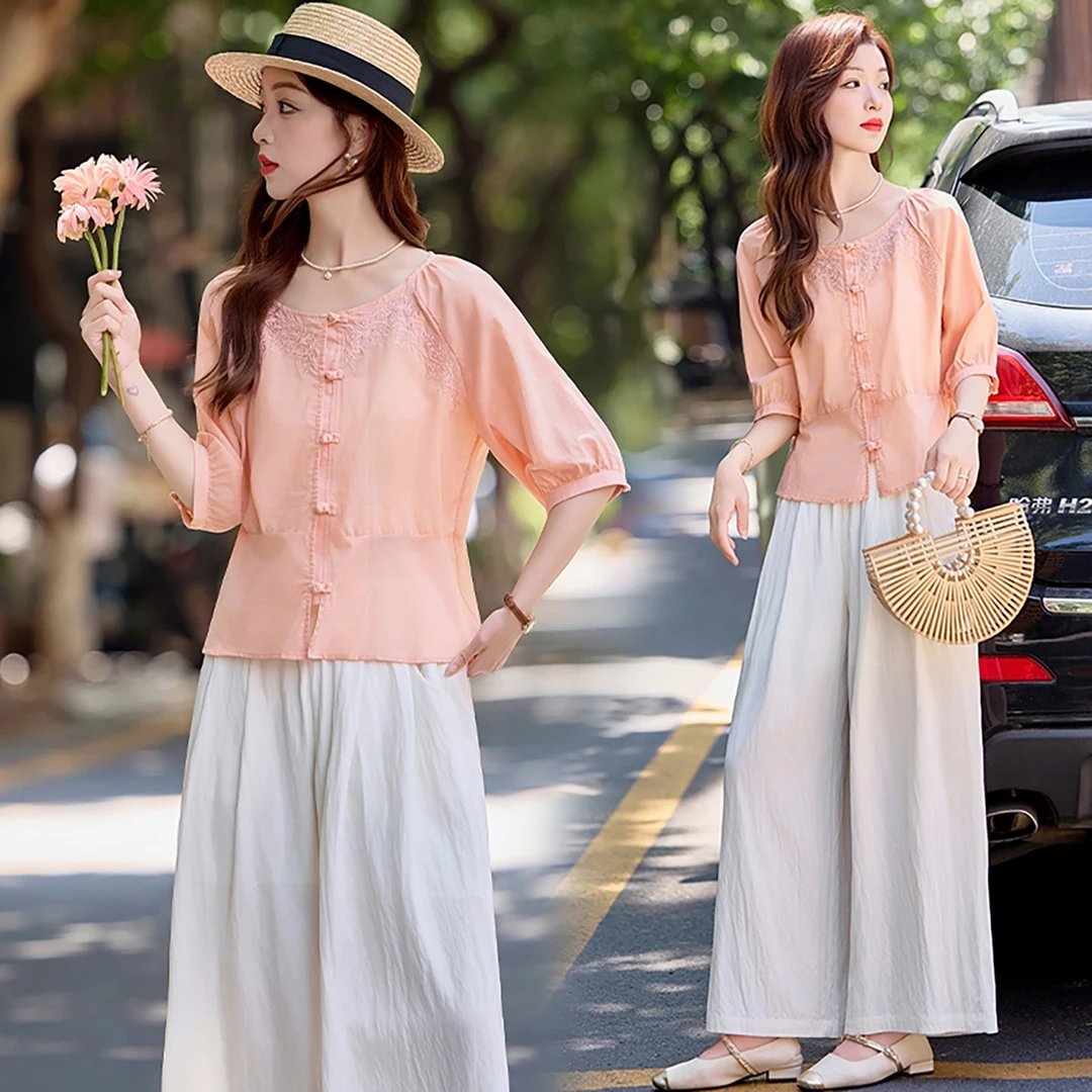 新中式套装女2025夏季新款女装国风休闲复古棉麻阔腿长裤两件套潮