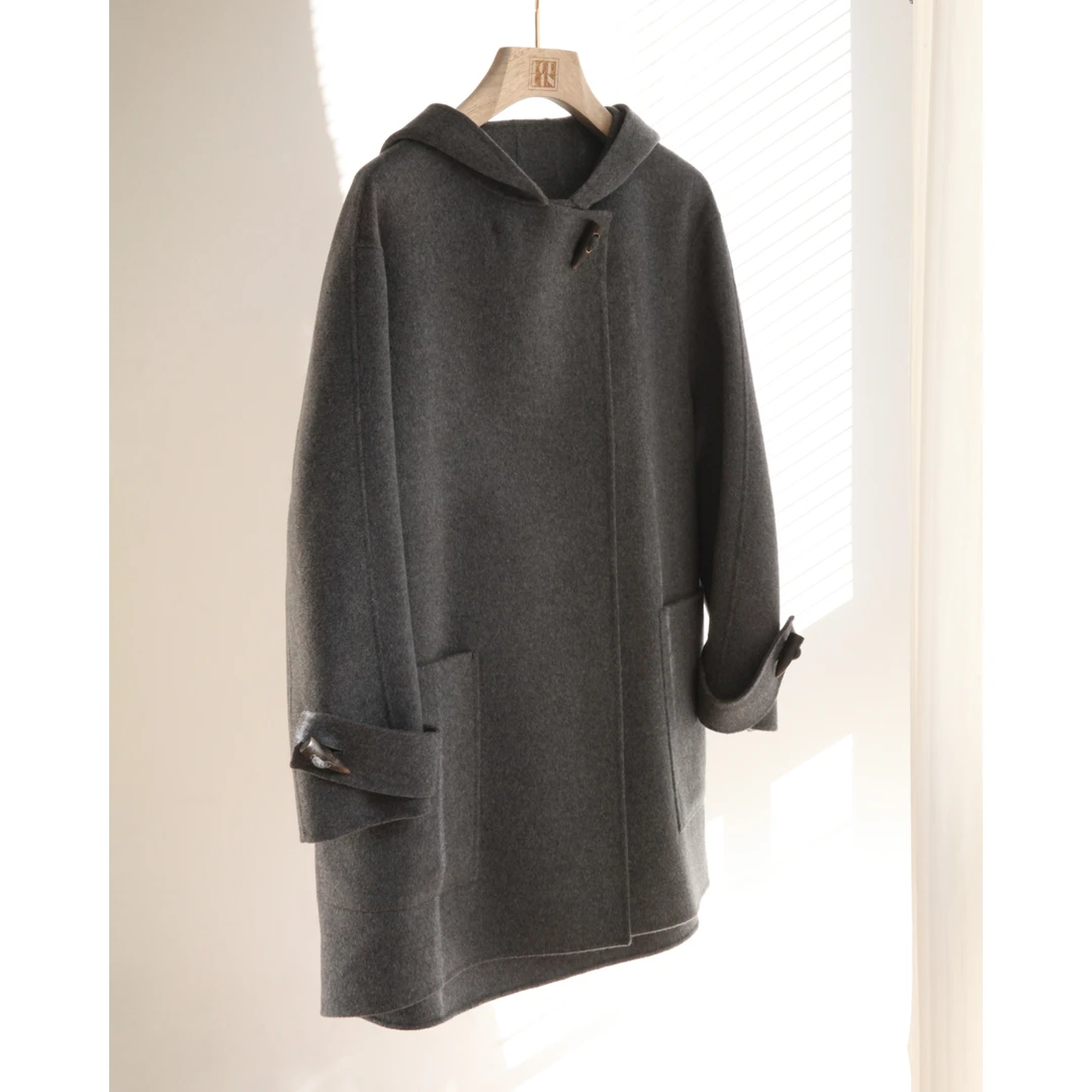 Forlin 芙临 黑钻系列奢品同源 100%羊绒纯绒灰色带帽大衣YS12024
