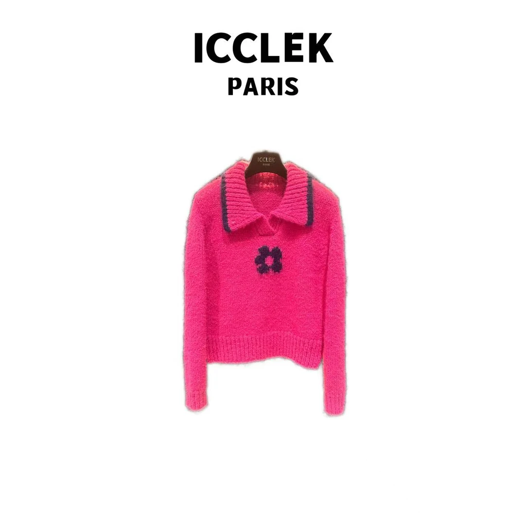 ICCLEK 秋冬名媛粉色新款翻领长袖针织衫百搭上衣 - 9342