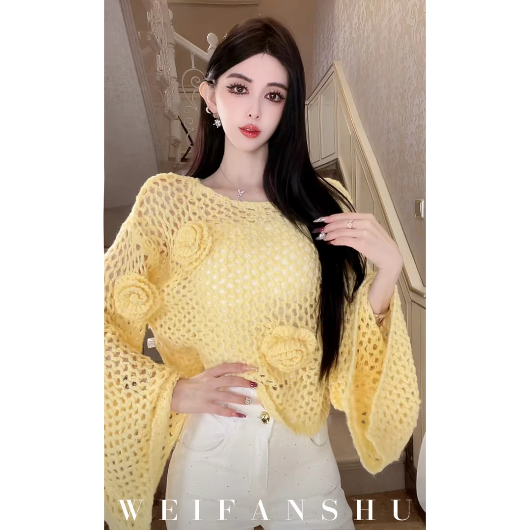 WEIFANSHU/魏凡舒【钟爱暖阳】秋冬新款宽松百搭镂空针织羊毛毛衣