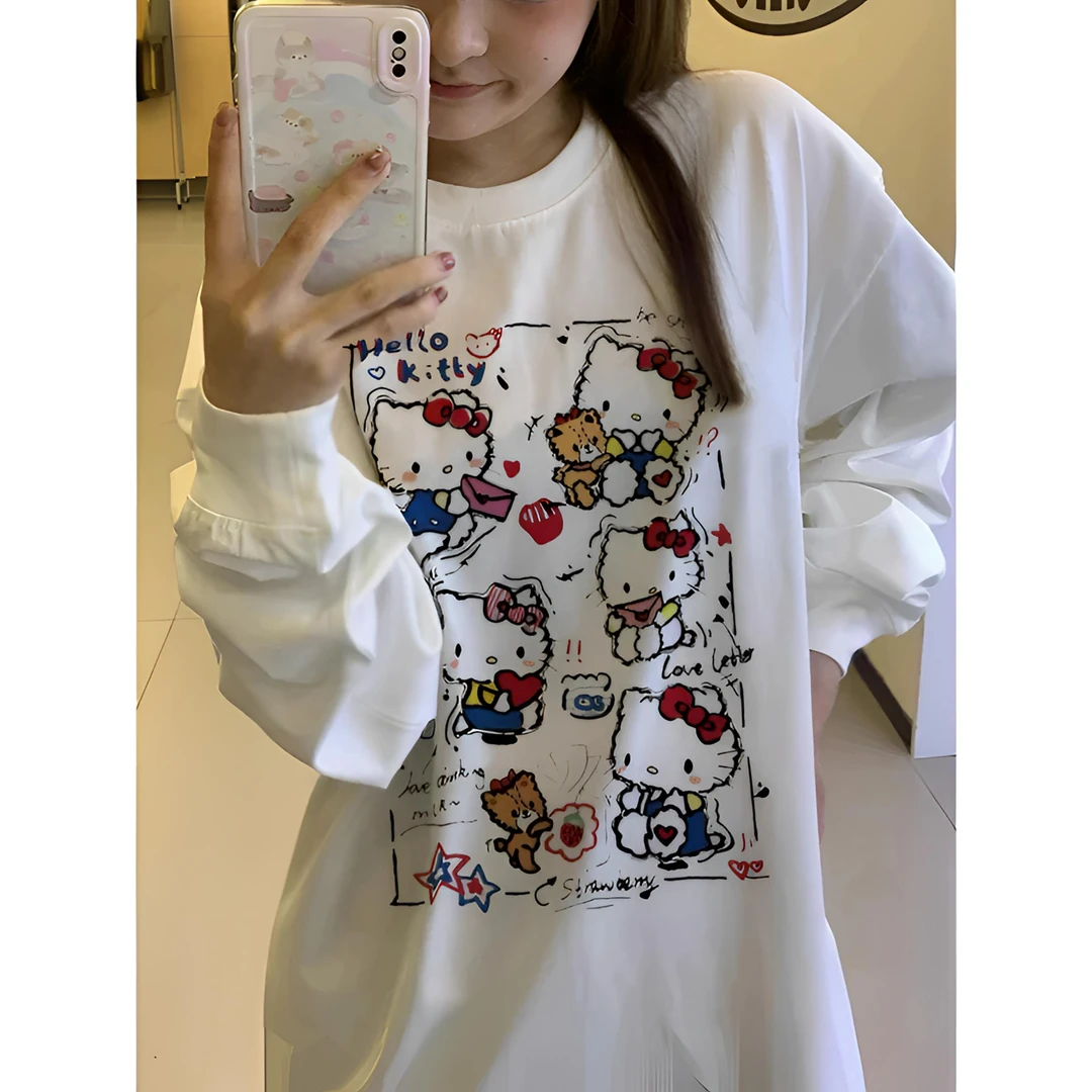 （408）风卡通中长款T恤时尚印花情侣秋季宽松白色休闲打底衫纯棉