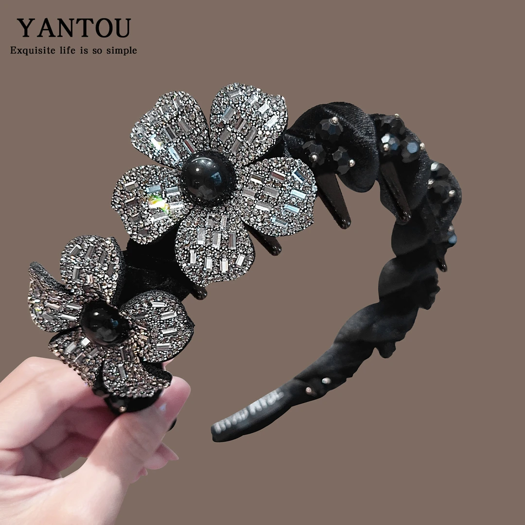 韩版新款秋冬丝绒满钻花朵带齿发箍女高颅顶头箍气质LN-10650商品图