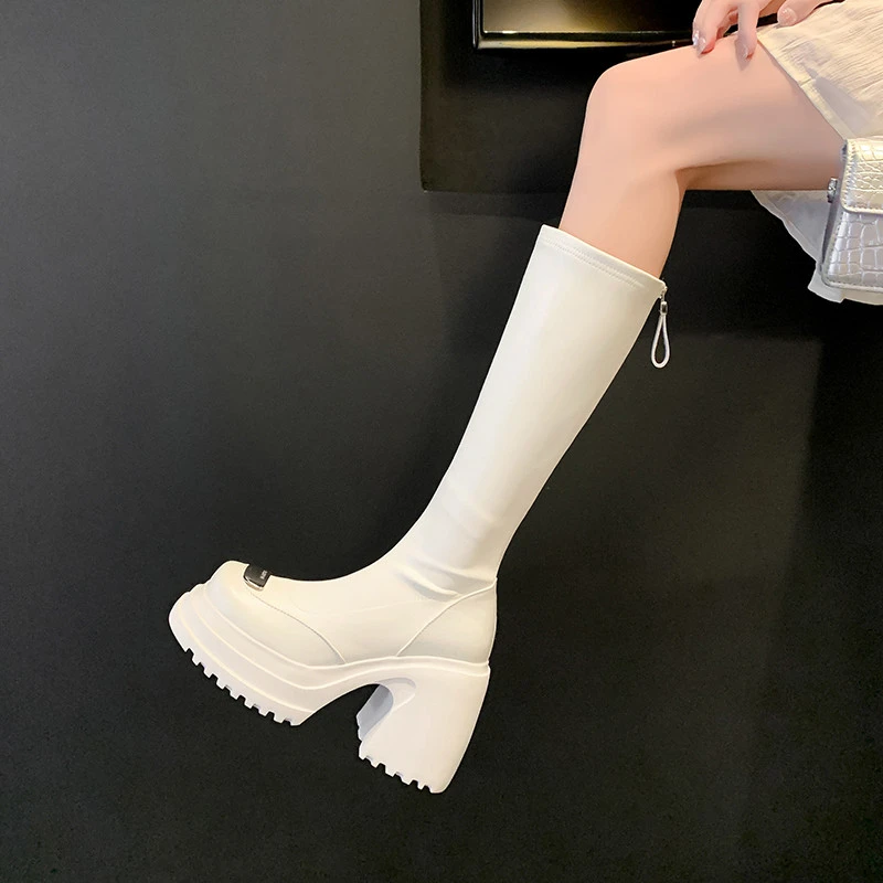 大筒围厚底及膝长靴女真皮松糕弹力瘦瘦靴2025秋冬季超高跟高筒靴