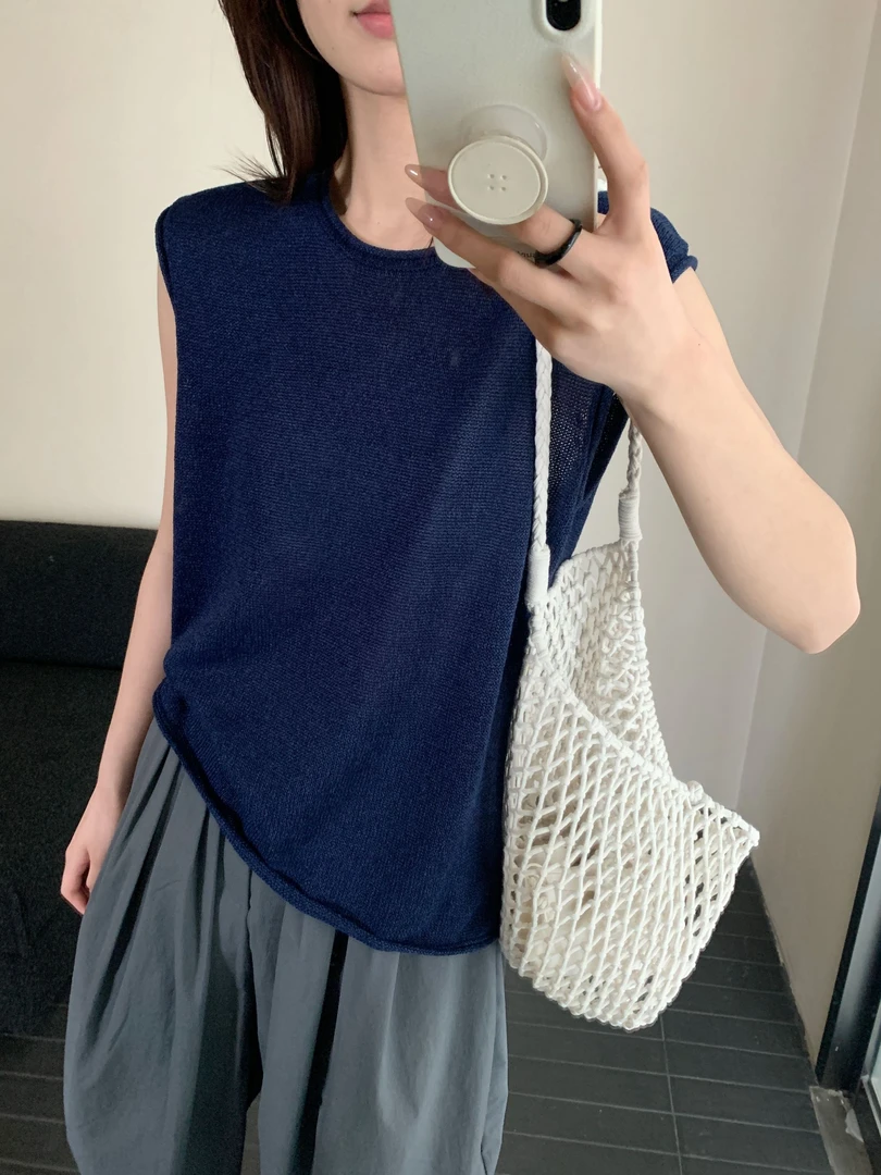 【素简.820175】春款上新进口金钱和纸卷边背心女装上新针织衫