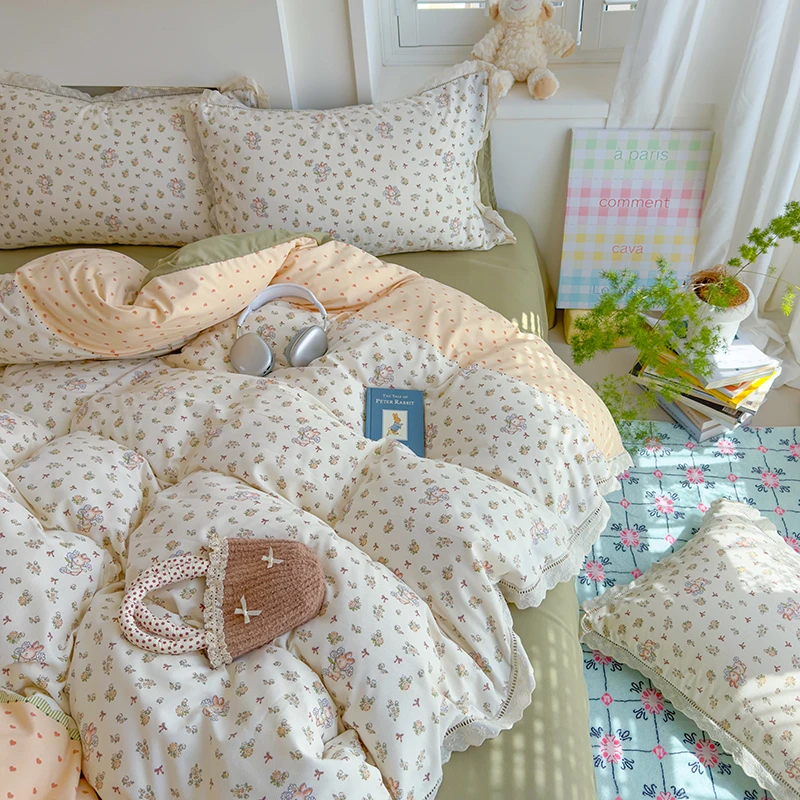 【全棉花边款-甜心小兔】法式纯棉皱皱纱四件套印花公主风床上用品