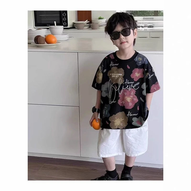 短袖夏季新款儿童潮牌短袖圆领简约宽松T恤满印短袖