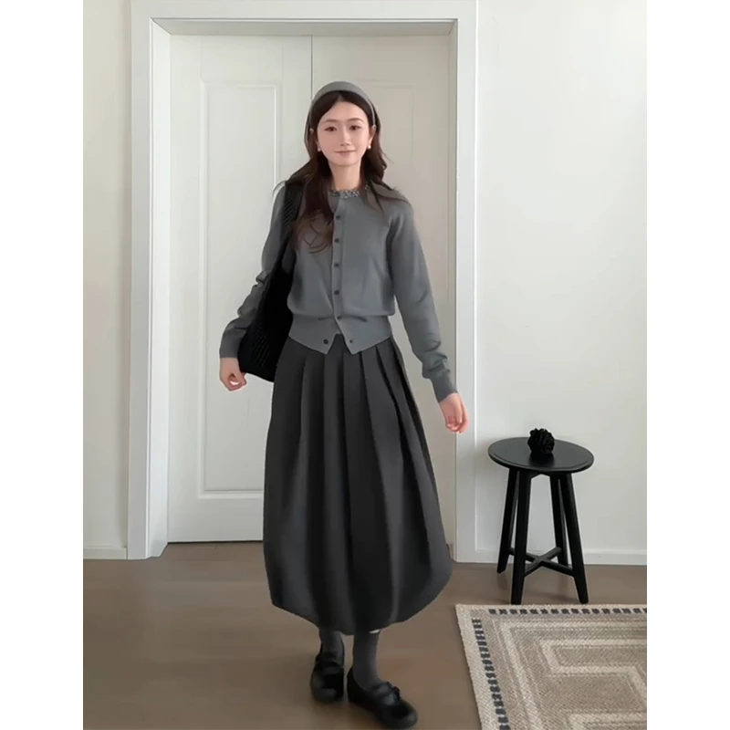 INS CEC韩系穿搭灰色长袖针织开衫女秋季高腰百褶半身裙两件套