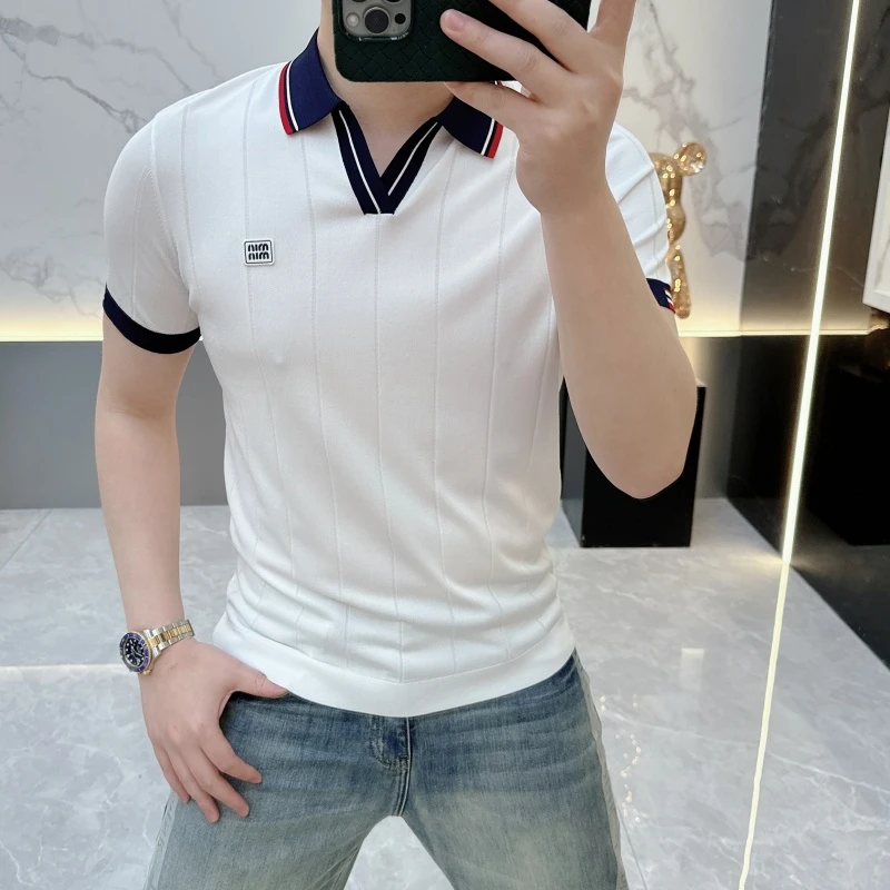 冰希高端.欧版圆领男士POLO衫时尚轻奢百搭V针织半袖2025夏季新款
