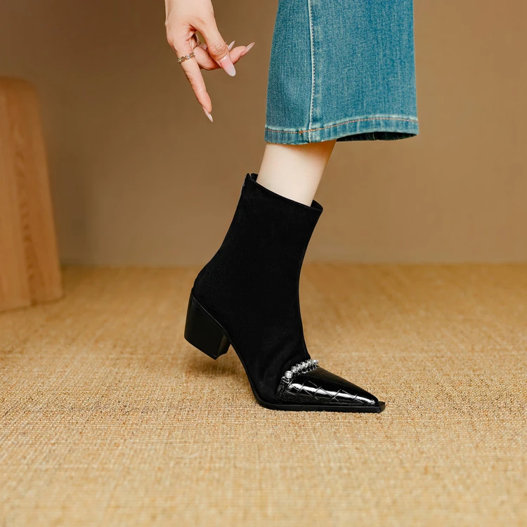 5.5cm~牛羊皮拼接尖头粗跟短靴女爆款瘦瘦靴法式真皮气质小裸踝靴