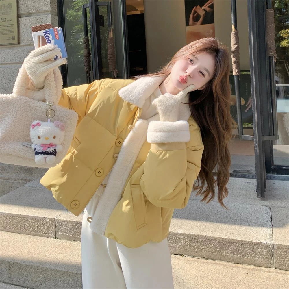 羊羔毛领黄色羽绒服女冬季2025新款超好看短款小个子流行韩系爆款