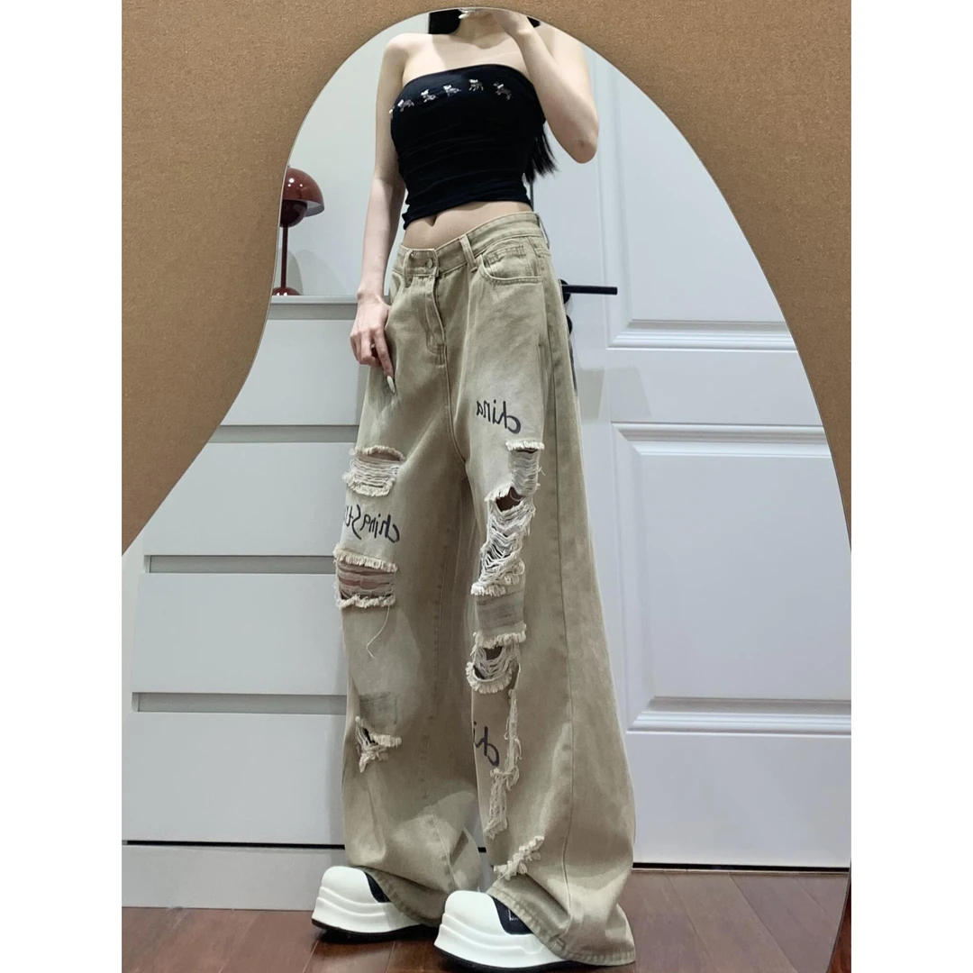 微胖mm辣妹水洗破洞牛仔裤女夏季新款字母印花设计感宽松直筒长裤