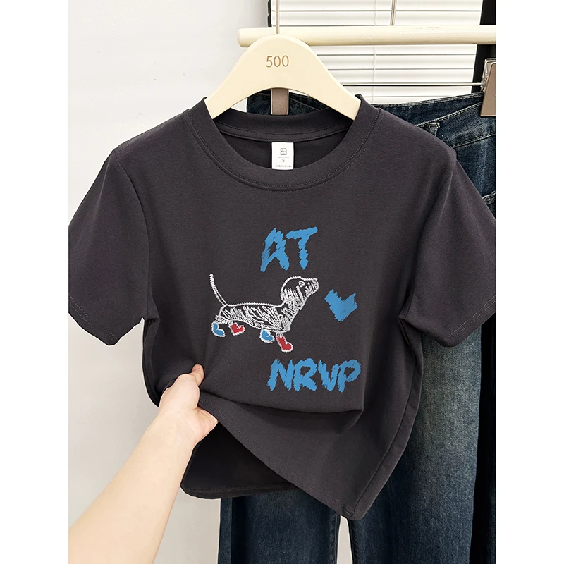 正肩深灰色短袖T恤女夏季新款时尚洋气腊肠狗印花圆领大码上衣潮