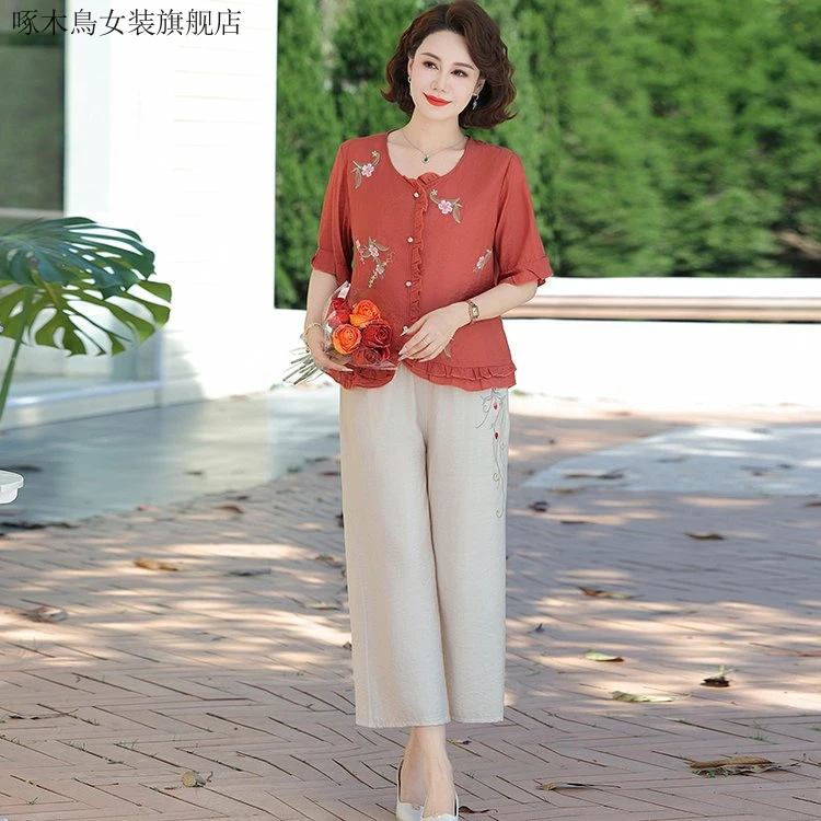 复古港风妈妈装短袖上衣搭休闲裤显瘦遮肚超洋气