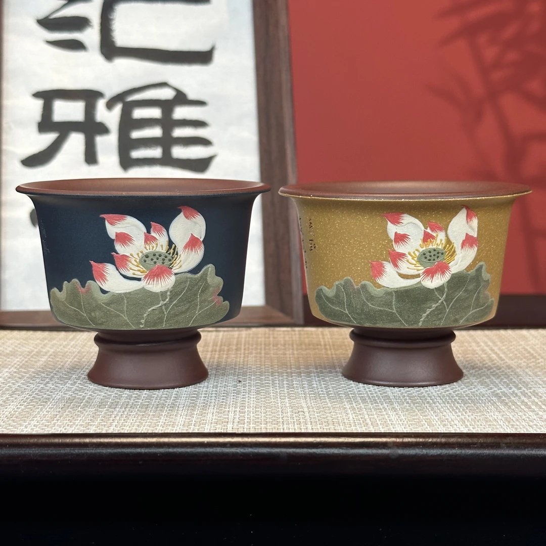 宜兴原矿紫砂紫泥高脚主人杯粉浆泥绘荷花撇口酒尊杯女士高端茶器