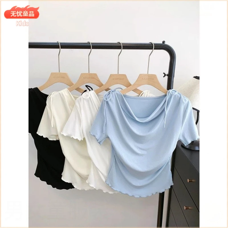 超手感莫代尔棉!高级感荡领夏显瘦正肩短袖设计感短袖T恤女上衣