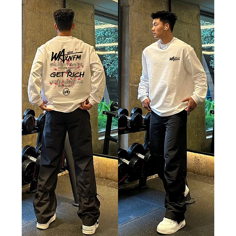 特大码300斤美式涂鸦印花小长袖T恤男装秋冬潮牌风宽松重磅打底衫