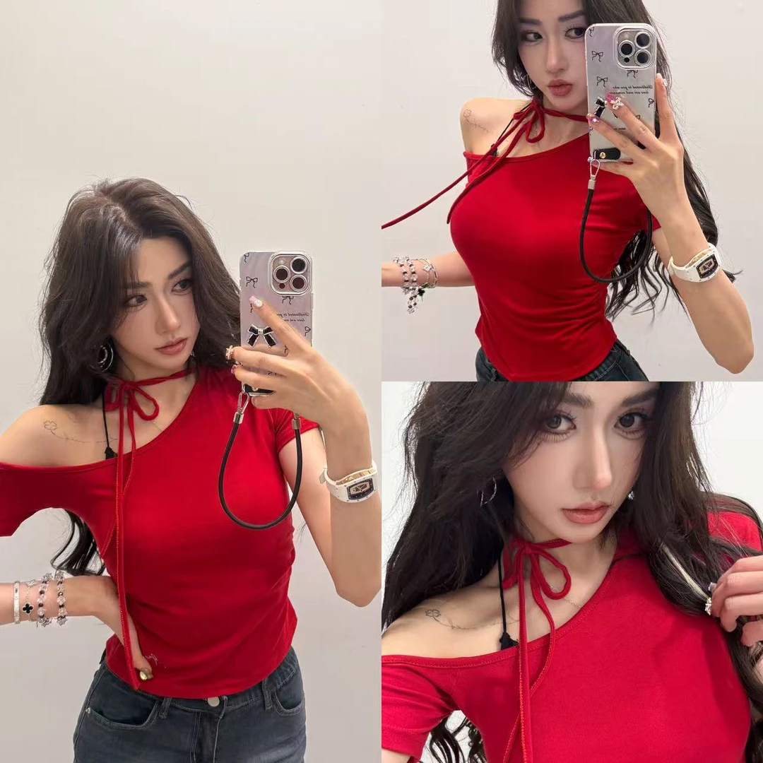 红色斜肩短袖T恤设计感小众绑带修身显瘦辣妹露肩上衣