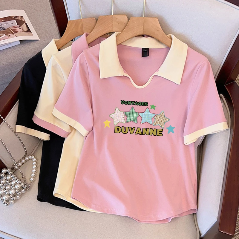 大码200斤气质显瘦v领正肩Polo衫拼接撞色星星印花短袖t恤女上衣