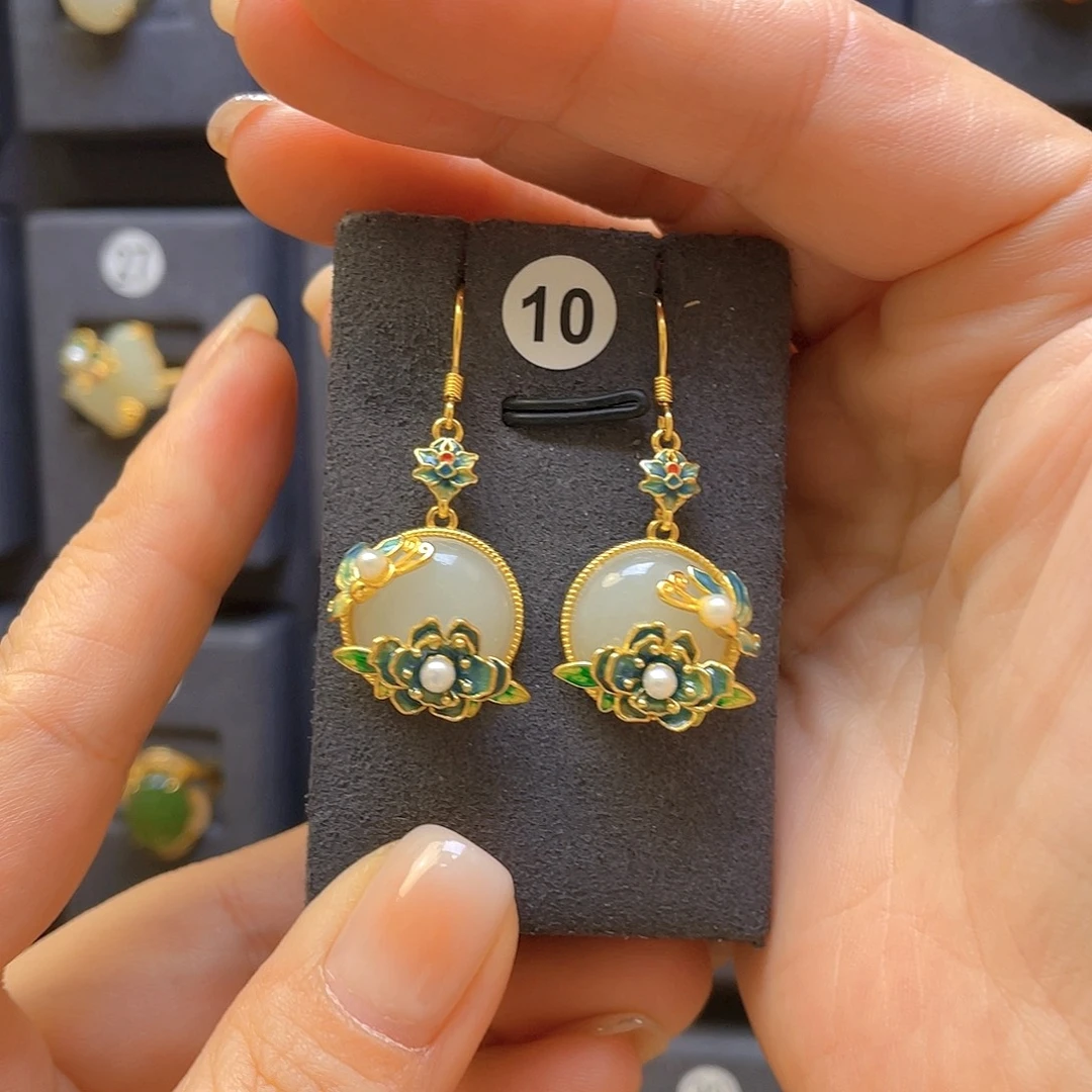 和田玉银S925镀金镶嵌耳饰