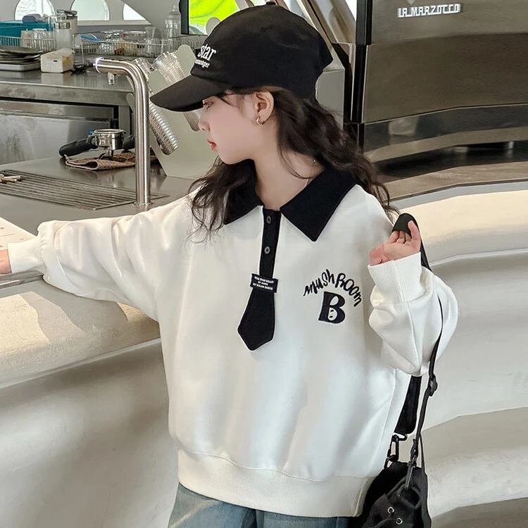 女童卫衣春秋款休闲中大童韩版翻领长袖上衣洋气宽松学院风