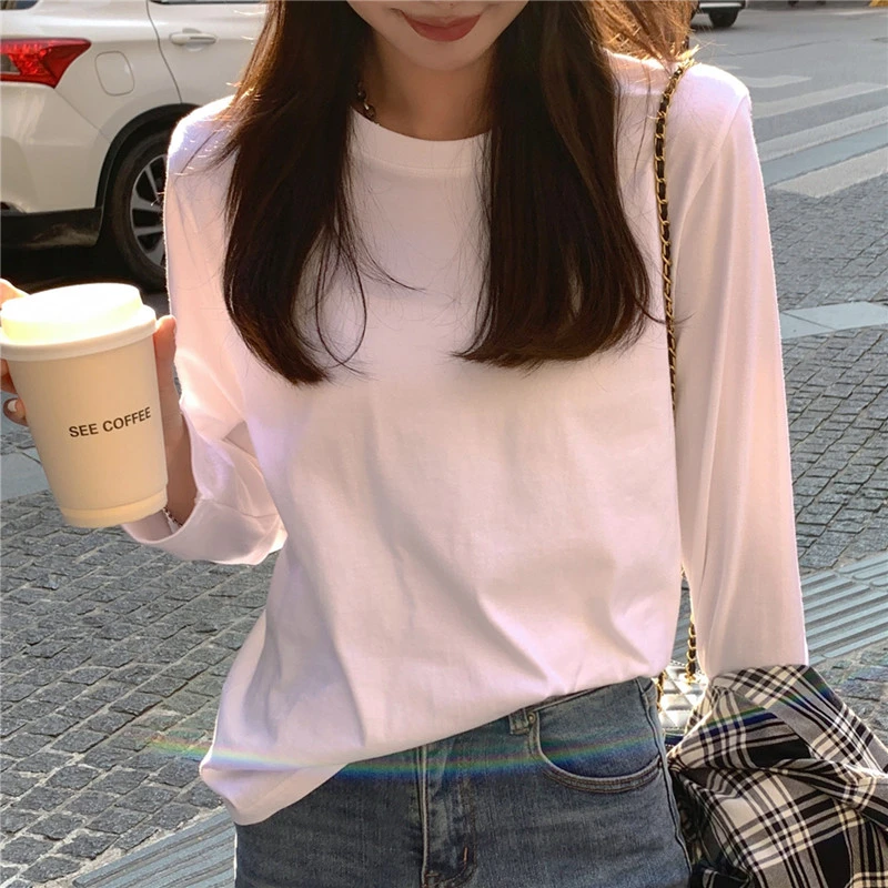 西装内搭白色打底衫女宽松新款纯棉百搭长袖T恤2025欧货爆款上衣