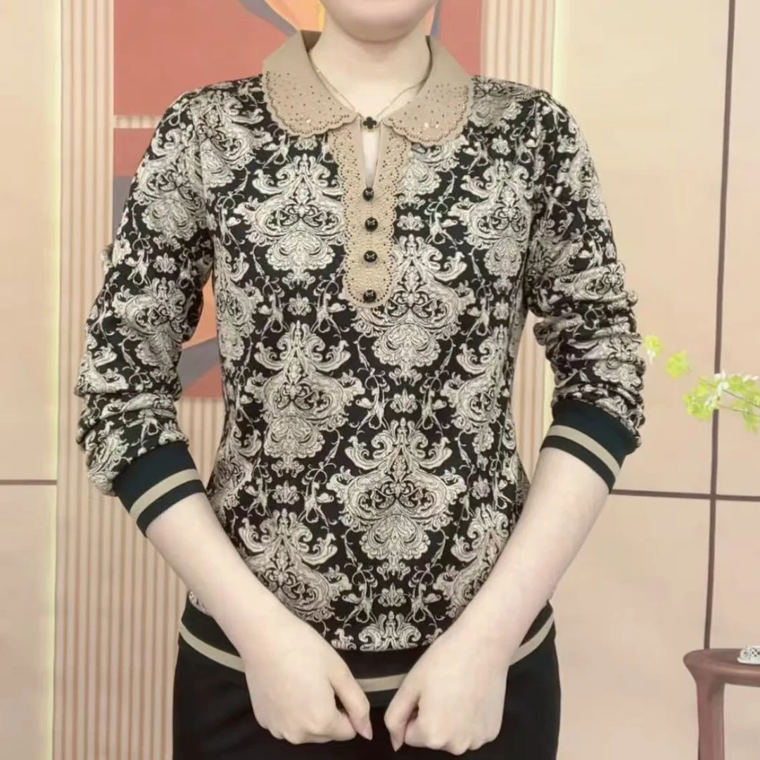 春季新款翻领花色小衫时尚上衣妈妈装百搭遮肉显瘦洋气长袖打底衫