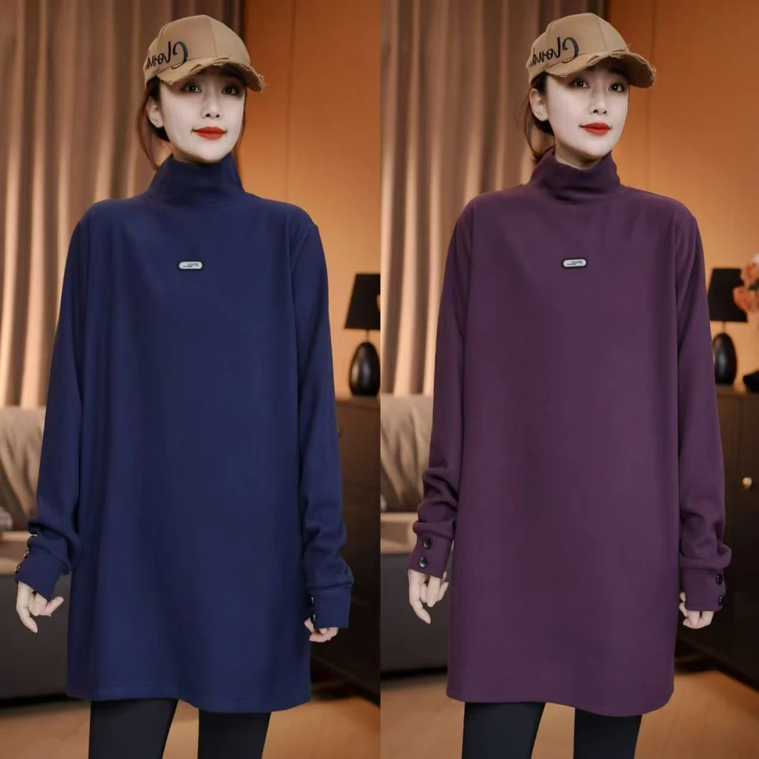 秋冬新款 袖纽扣贴标半高领双面绒宽松打底衫气质显瘦遮肉百搭T恤