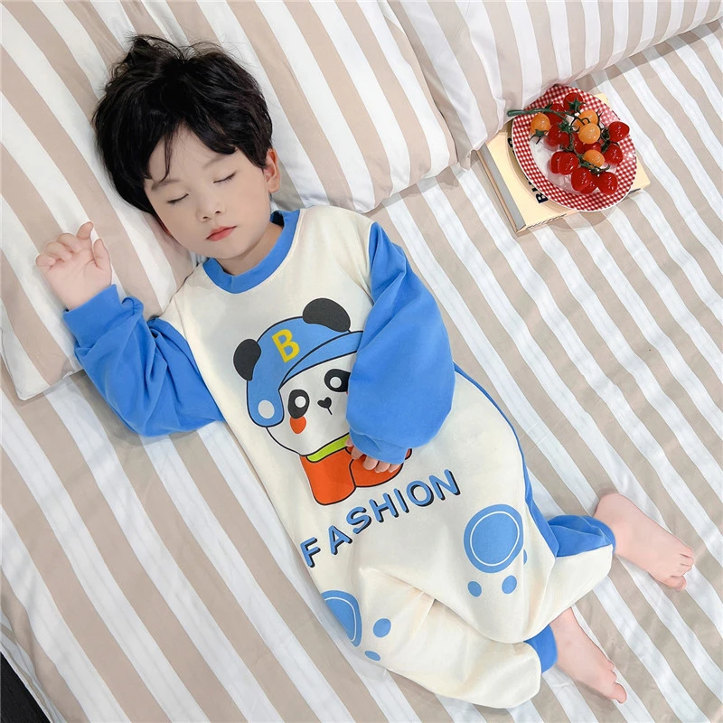卡通熊猫男童儿童连体睡衣A类纯棉春秋季1-2-3岁婴儿幼童宝宝睡袋